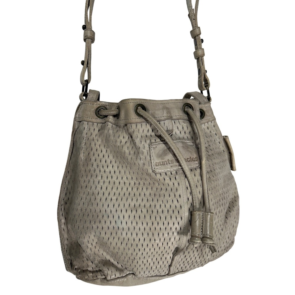 Aunts & Uncles‎ Leather Crossbody Bucket Bag Taupe Perforated Drawstring Boho
